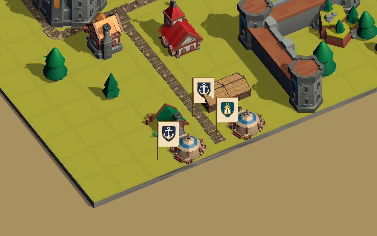 Player-owned businesses marked with heraldic banners inside a medieval town