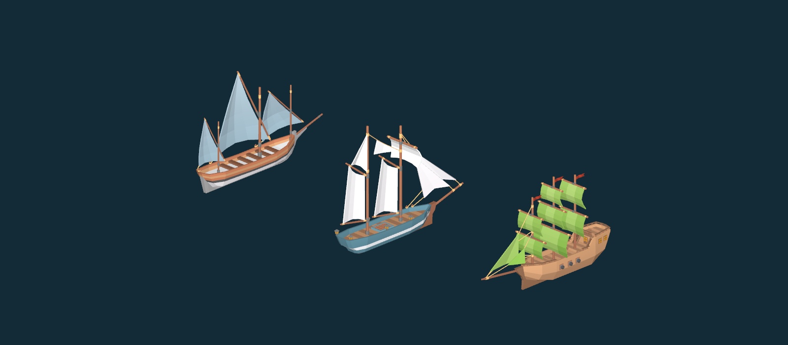 Three in-game sailing ship models, from a small merchant vessel to a large armed ship