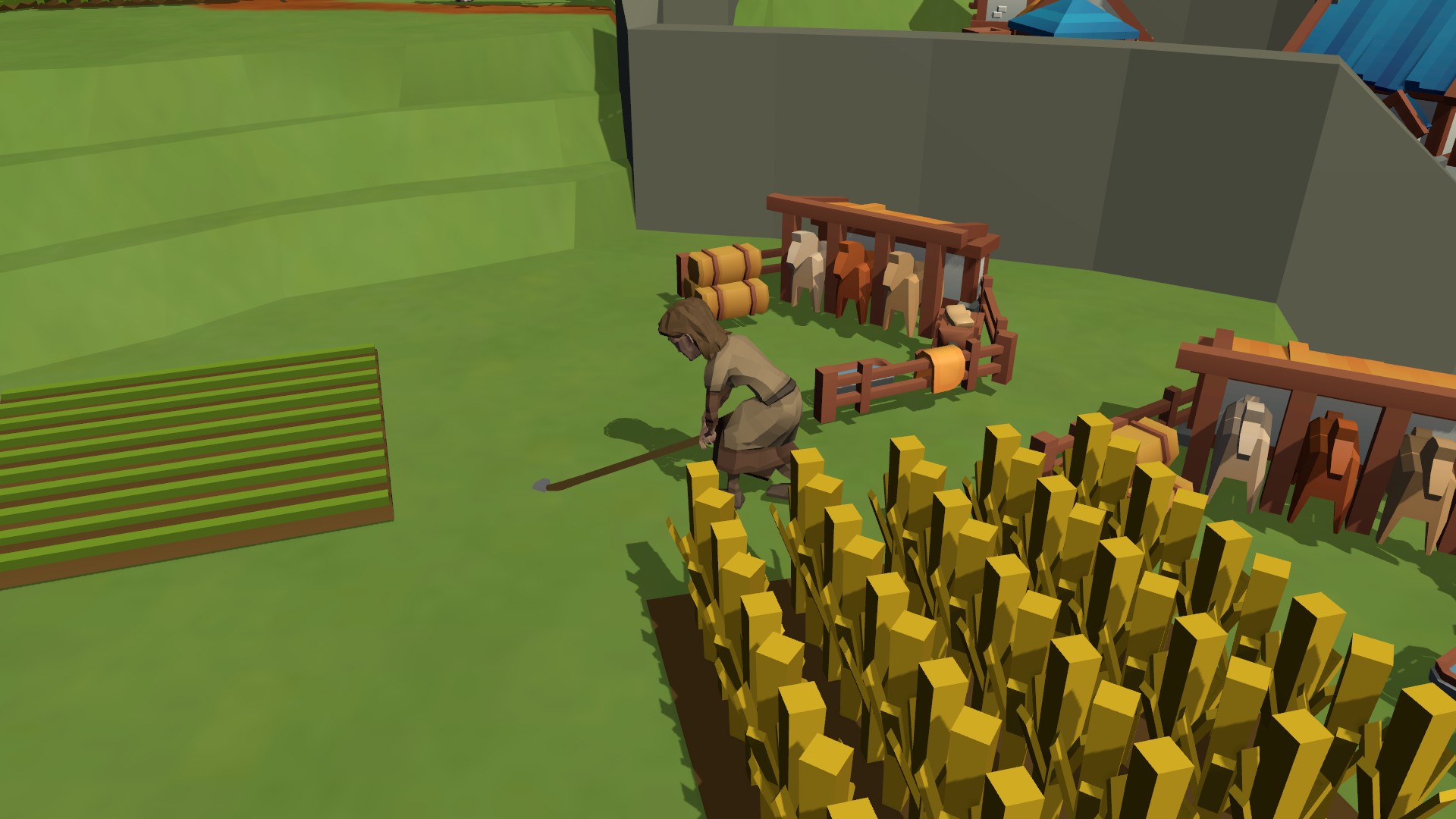 A farmer harvesting beside a town wall in Golden Carrack